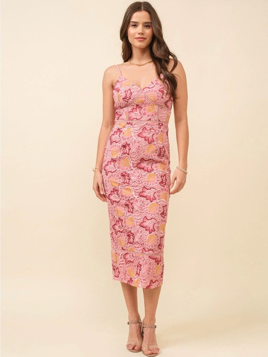 Dresses & Skirts - Pink Floral crochet lace Midi Dress